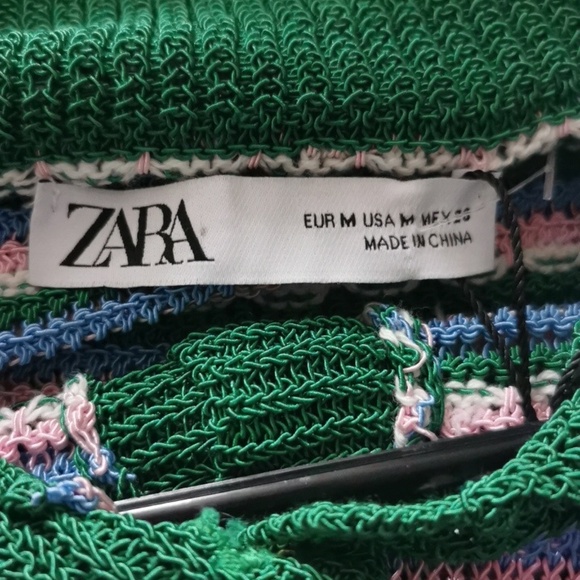 Zara NWT striped knit polo shirt with flower buttons Size M Green Pi nk blue - Picture 11 of 11